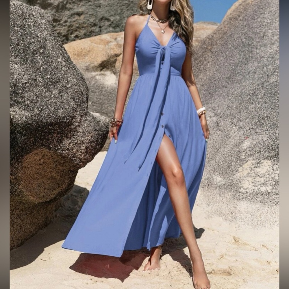Boho tie front halter maxi dress - Picture 1 of 6
